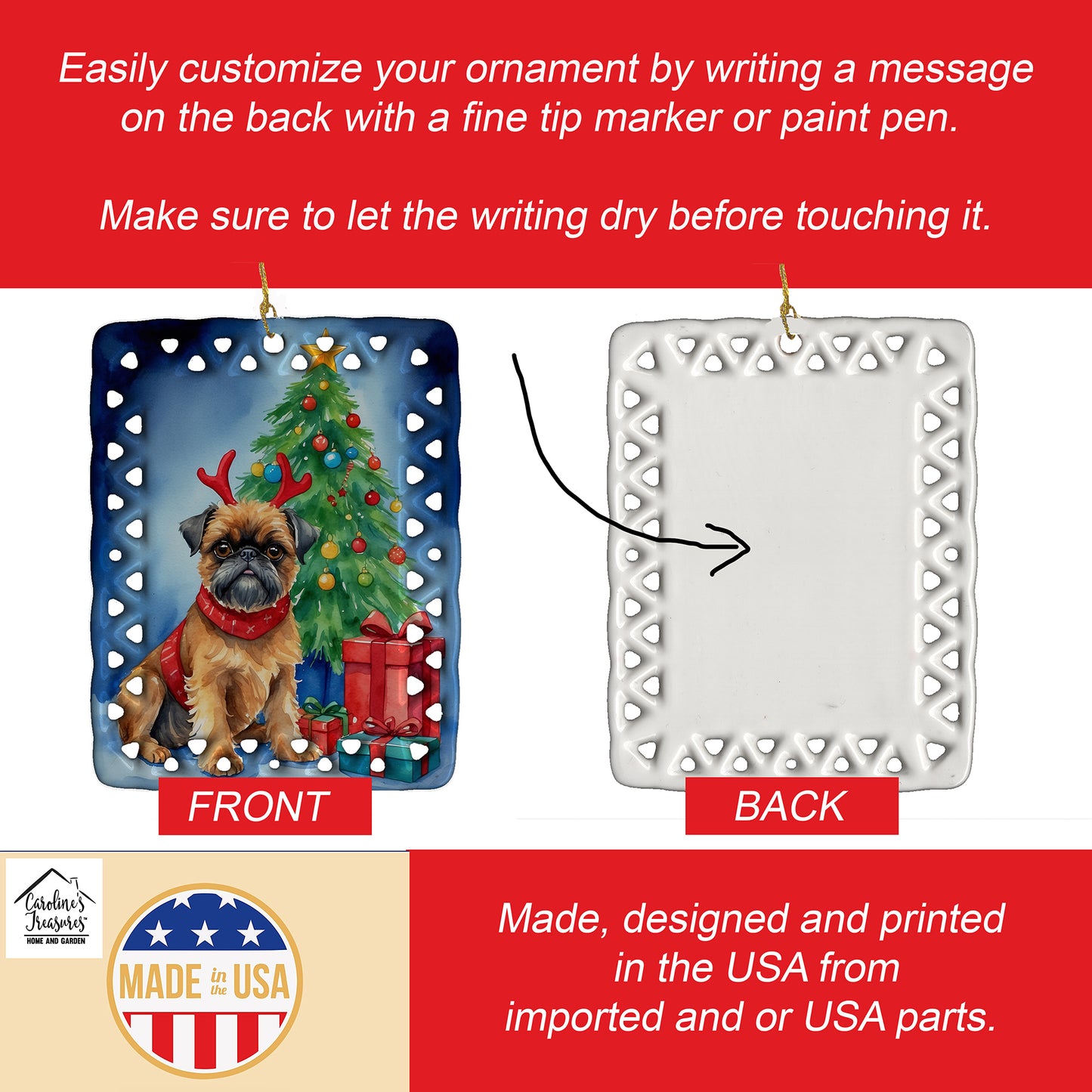 Brussels Griffon Christmas Reindeer Porcelain Ornament