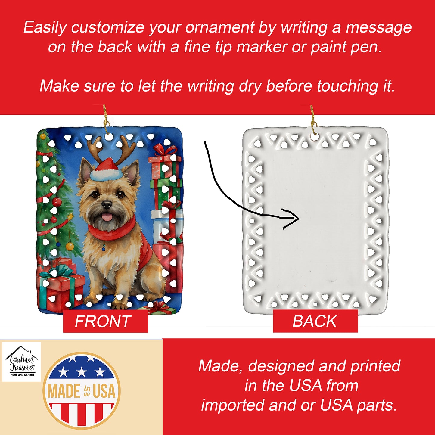 Cairn Terrier Christmas Reindeer Porcelain Ornament