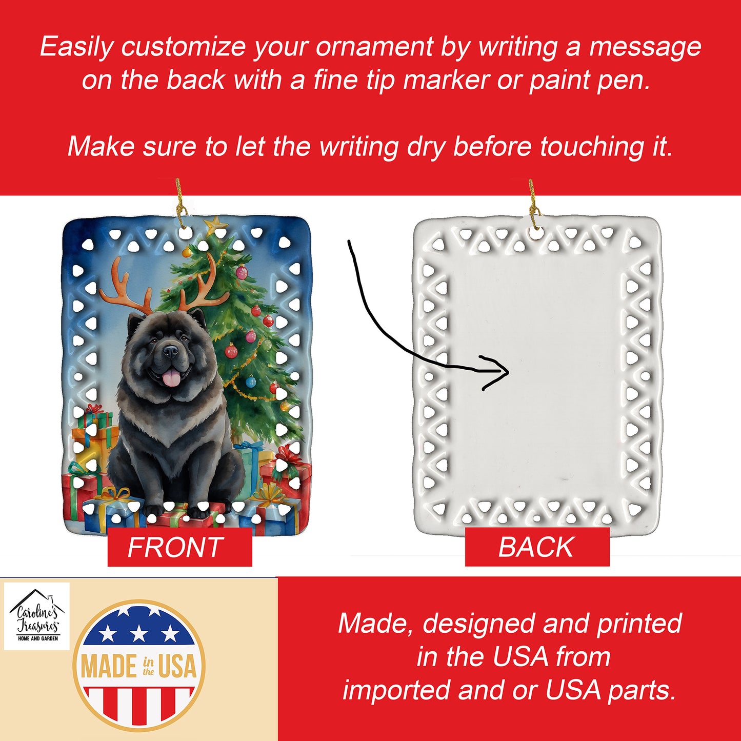 Black Chow Chow Christmas Reindeer Porcelain Ornament