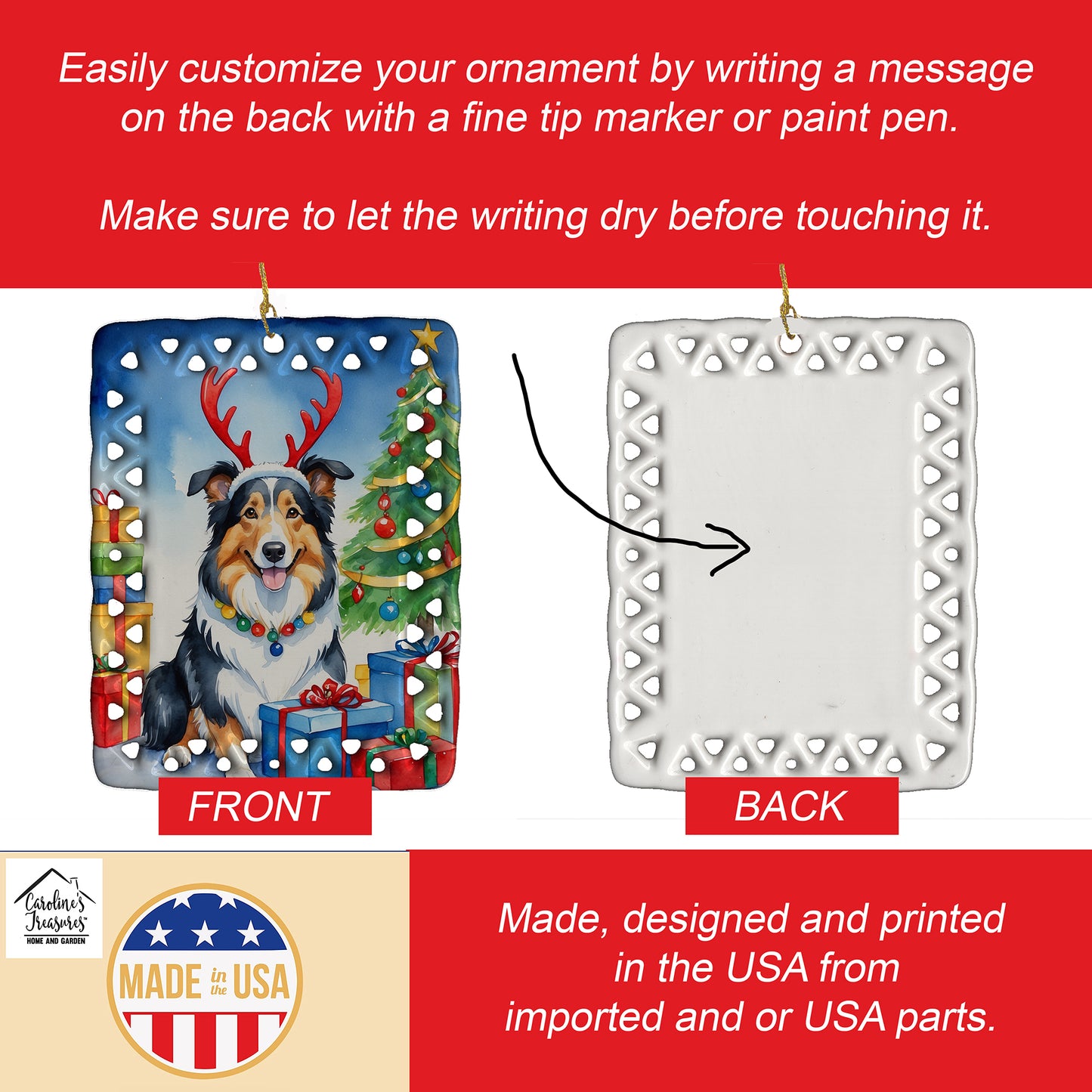 Collie Christmas Reindeer Porcelain Ornament