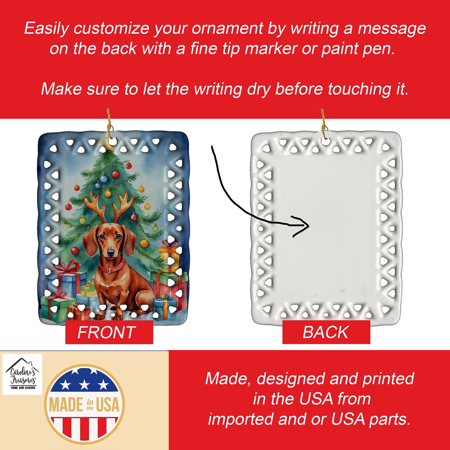 Dachshund Christmas Reindeer Porcelain Ornament