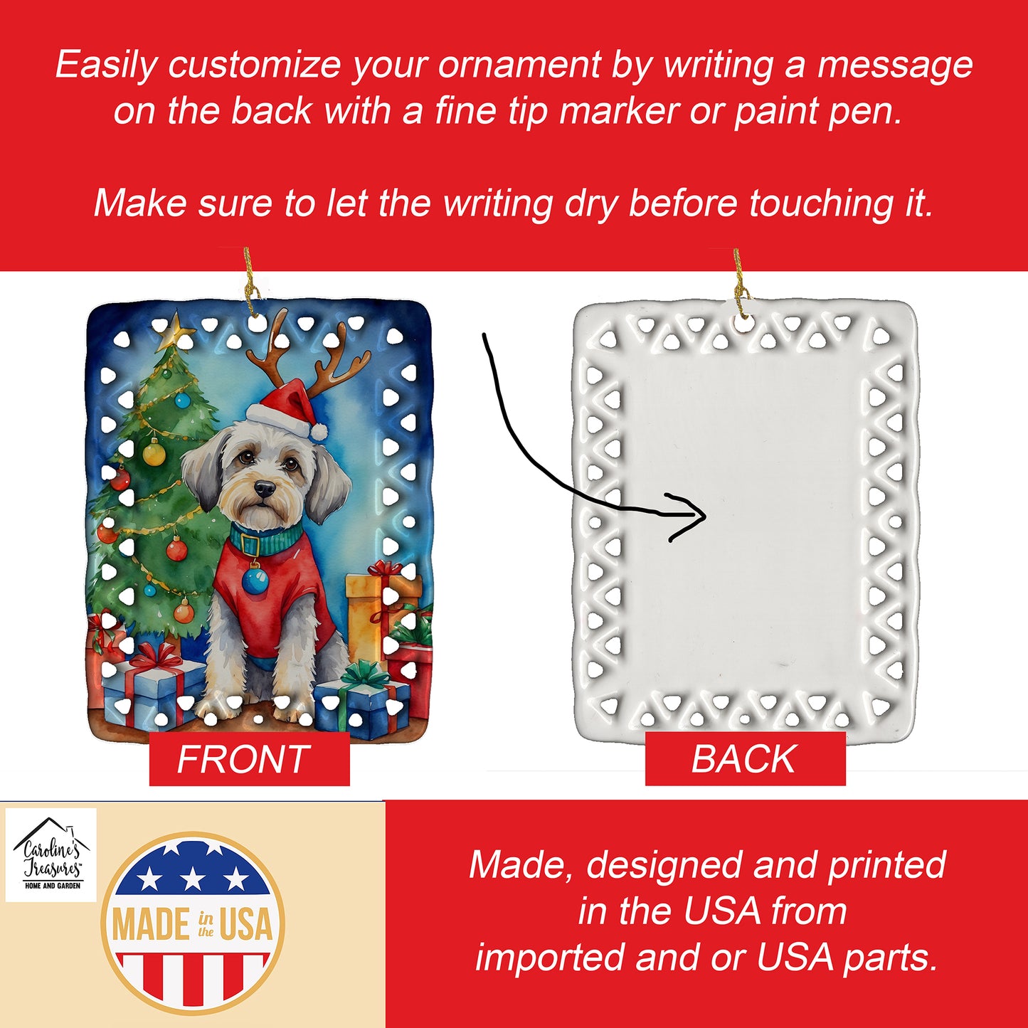 Dandie Dinmont Terrier Christmas Reindeer Porcelain Ornament