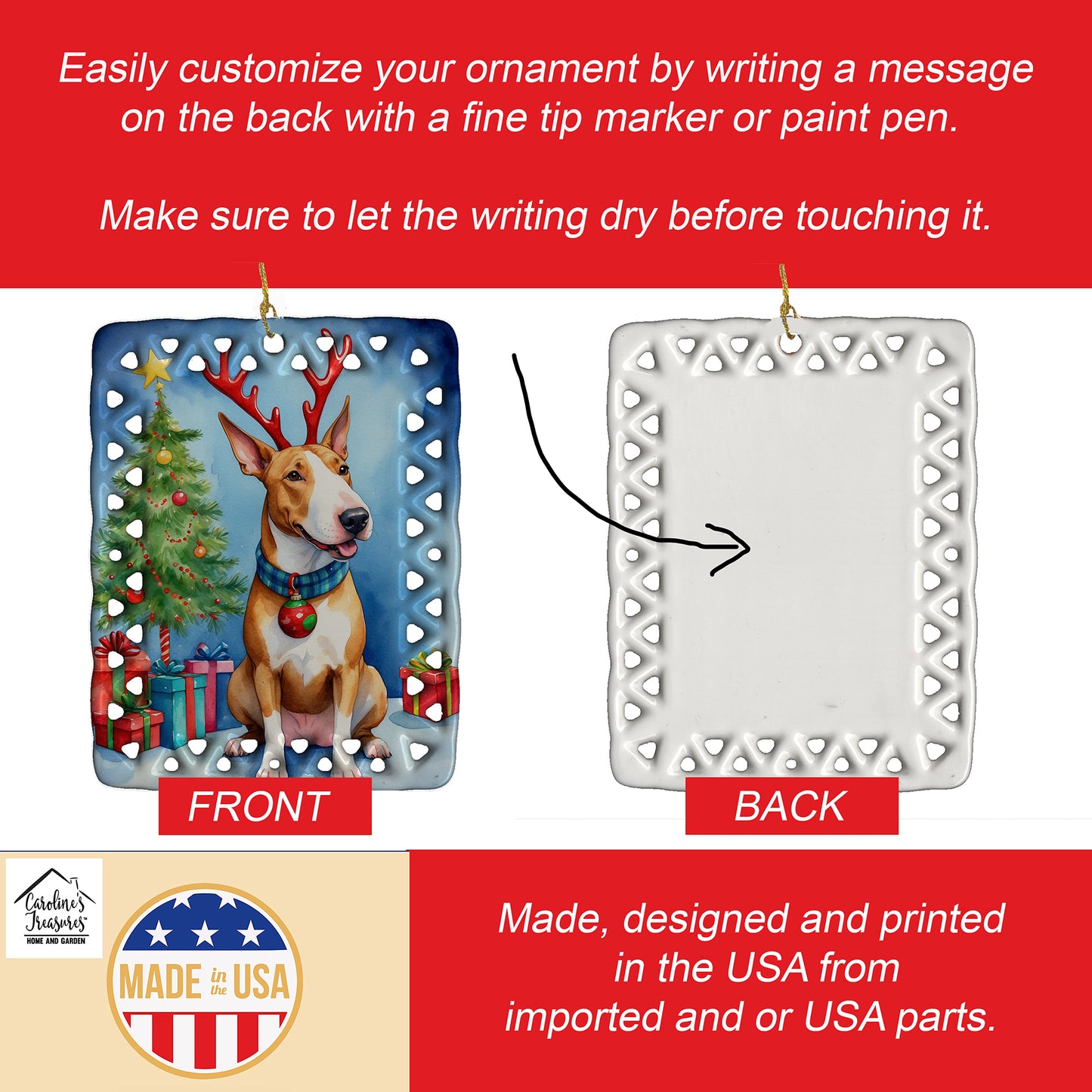 Bull Terrier Christmas Reindeer Porcelain Ornament