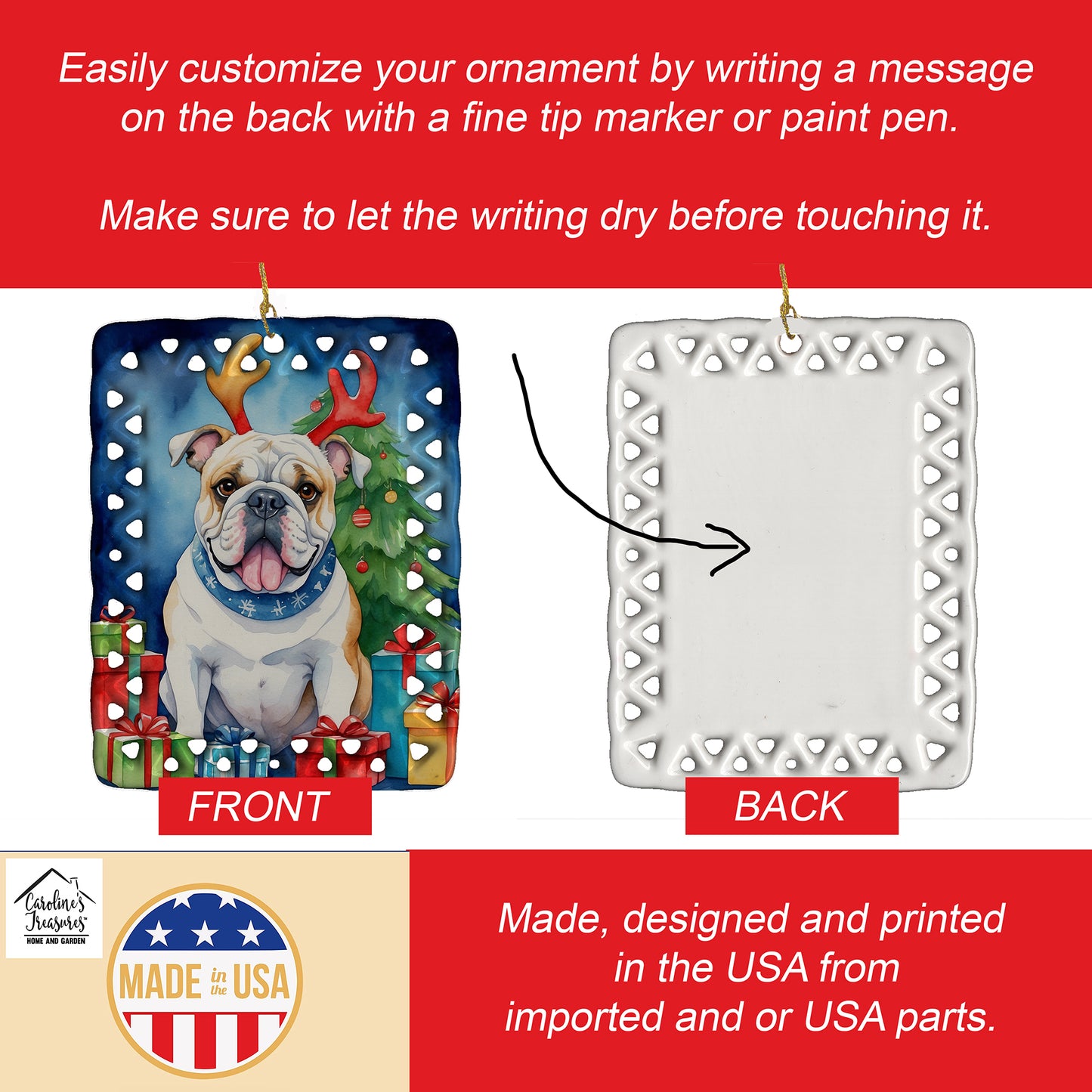 White English Bulldog Christmas Reindeer Porcelain Ornament