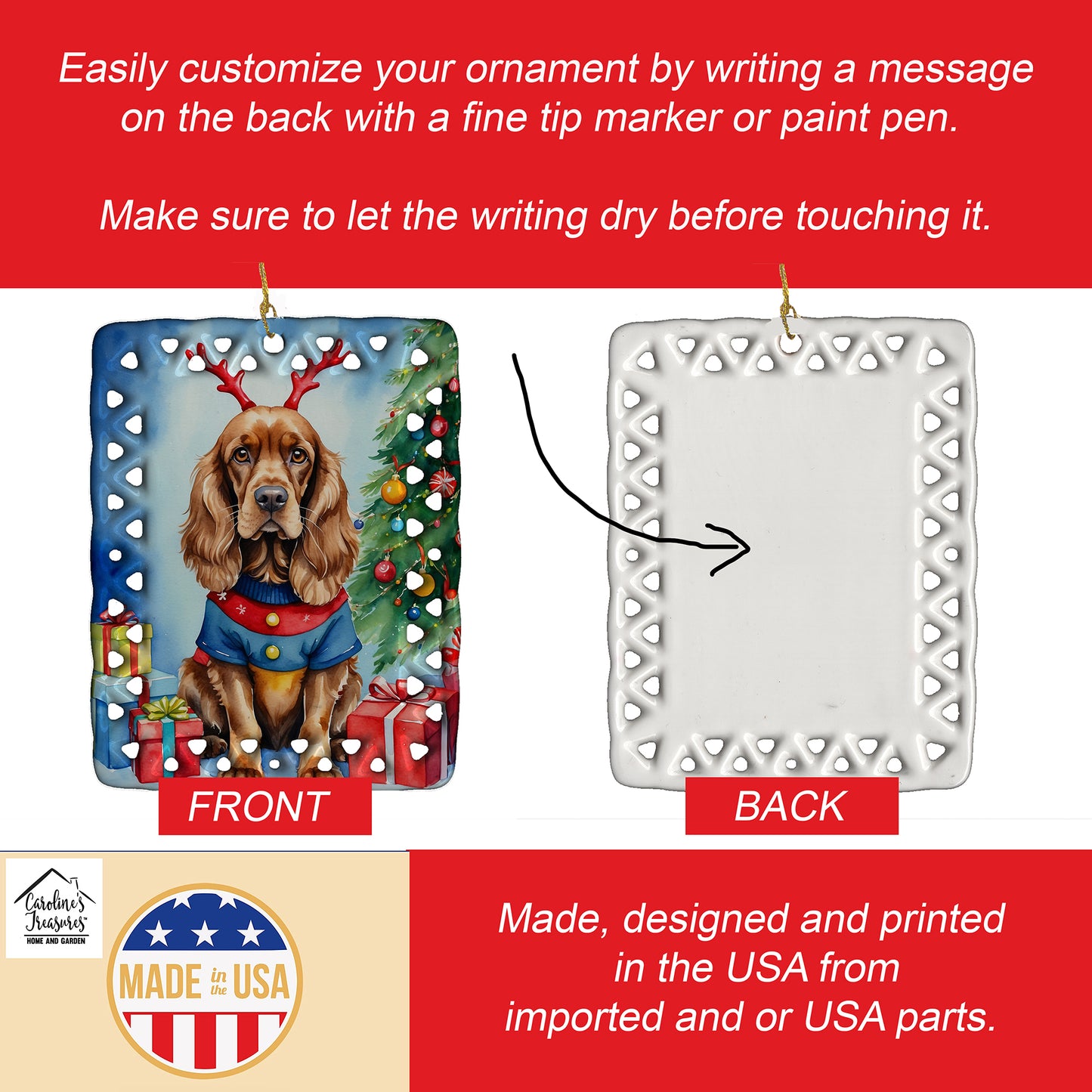 English Cocker Spaniel Christmas Reindeer Porcelain Ornament