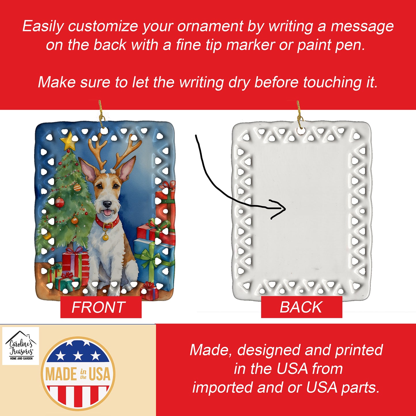 Fox Terrier Christmas Reindeer Porcelain Ornament