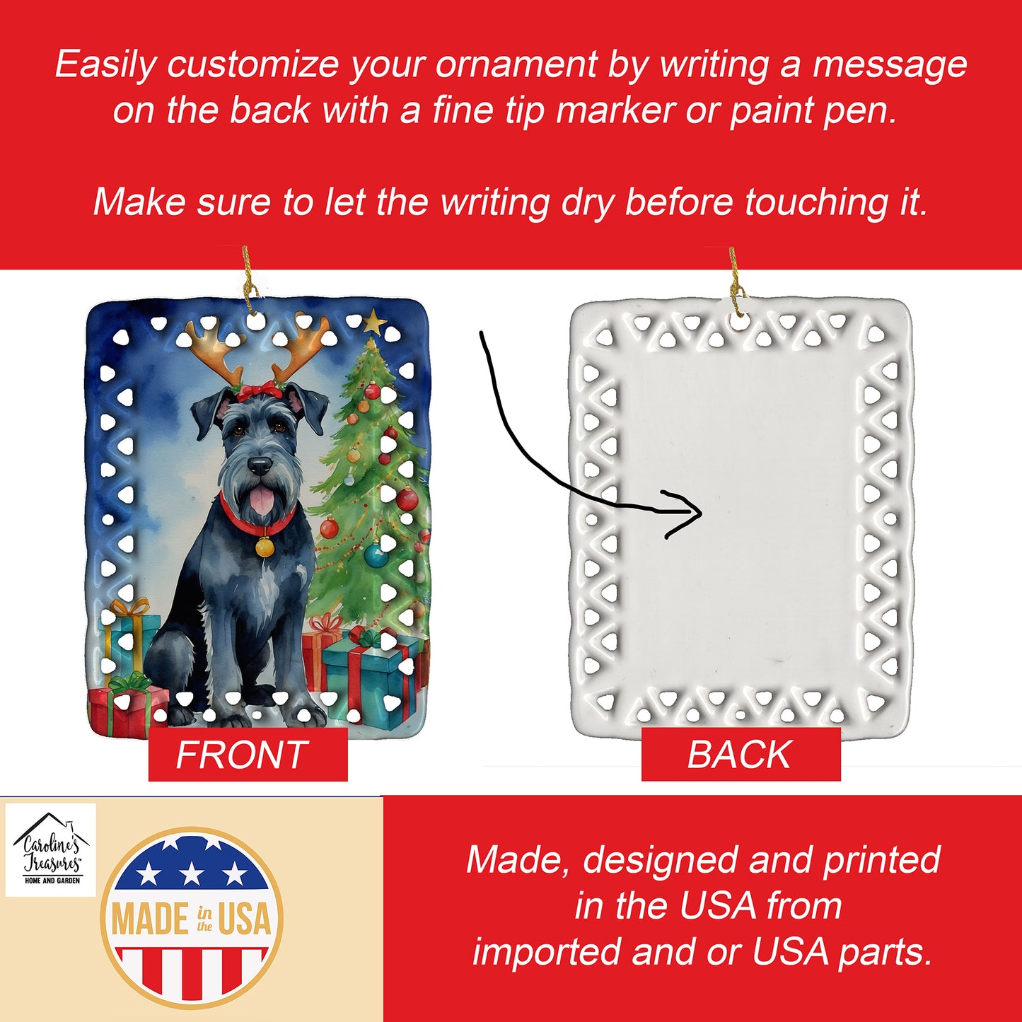 Giant Schnauzer Pointer Christmas Reindeer Porcelain Ornament