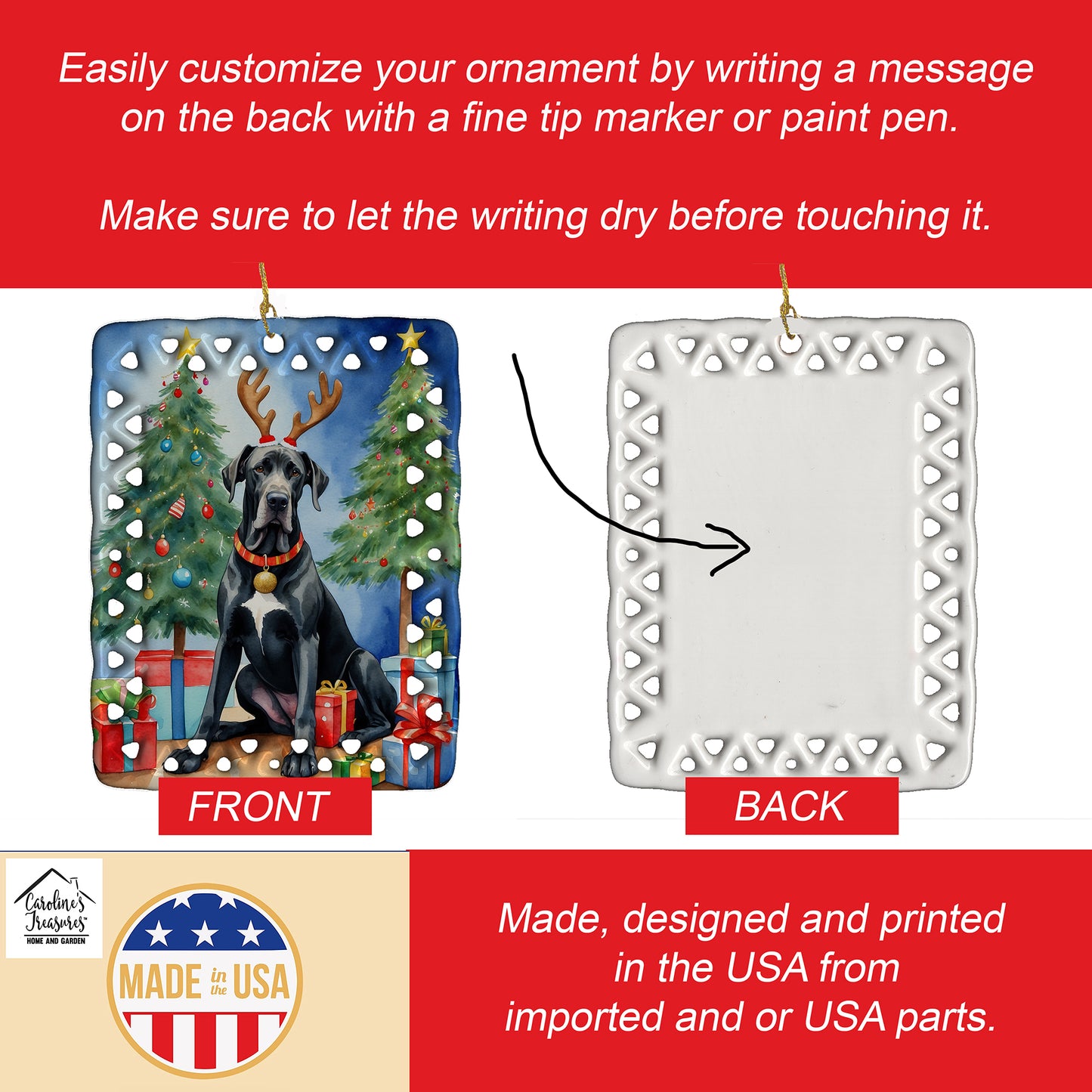 Black Great Dane Christmas Reindeer Porcelain Ornament