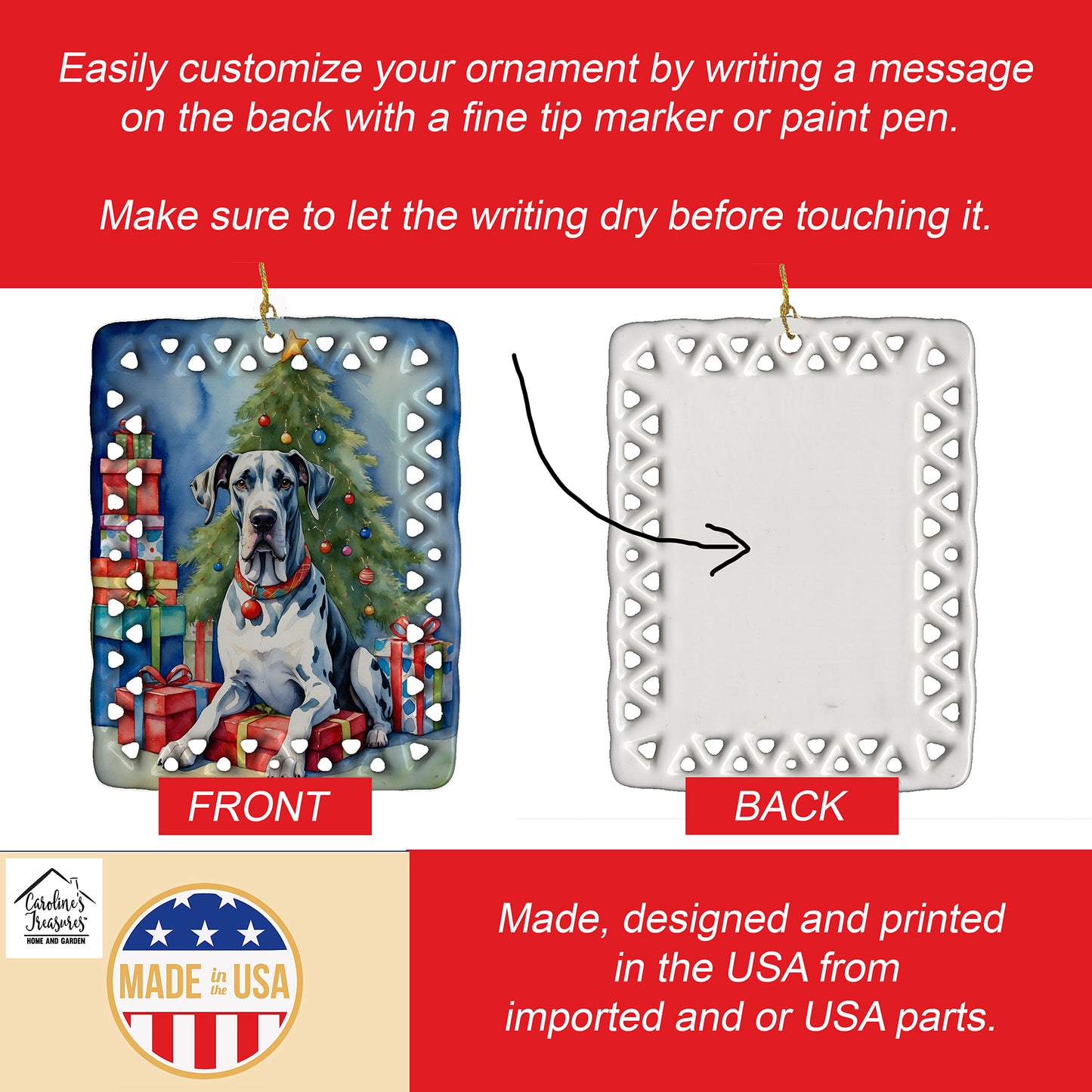 Harlequin Great Dane Christmas Reindeer Porcelain Ornament