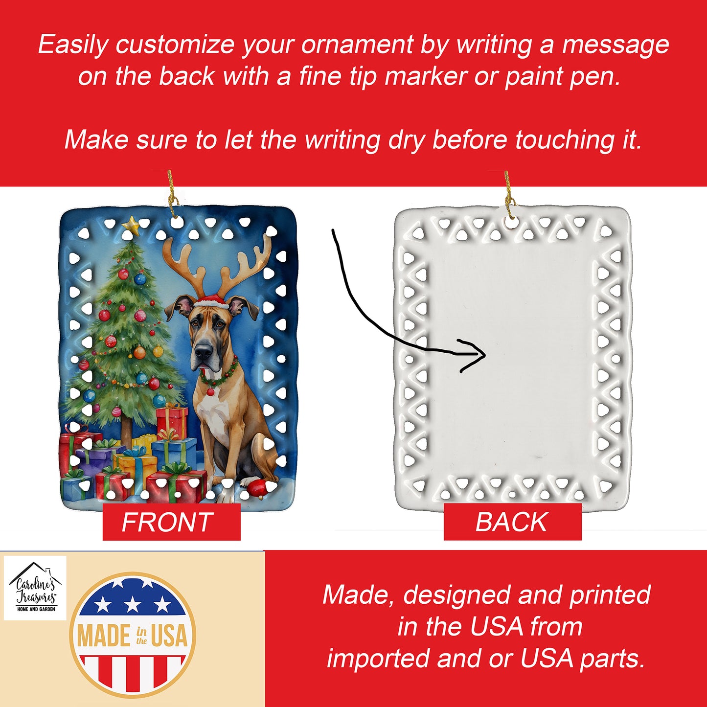 Great Dane Christmas Reindeer Porcelain Ornament