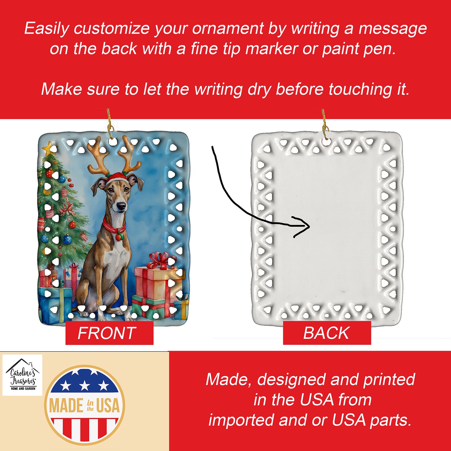 Brindle Greyhound Christmas Reindeer Porcelain Ornament