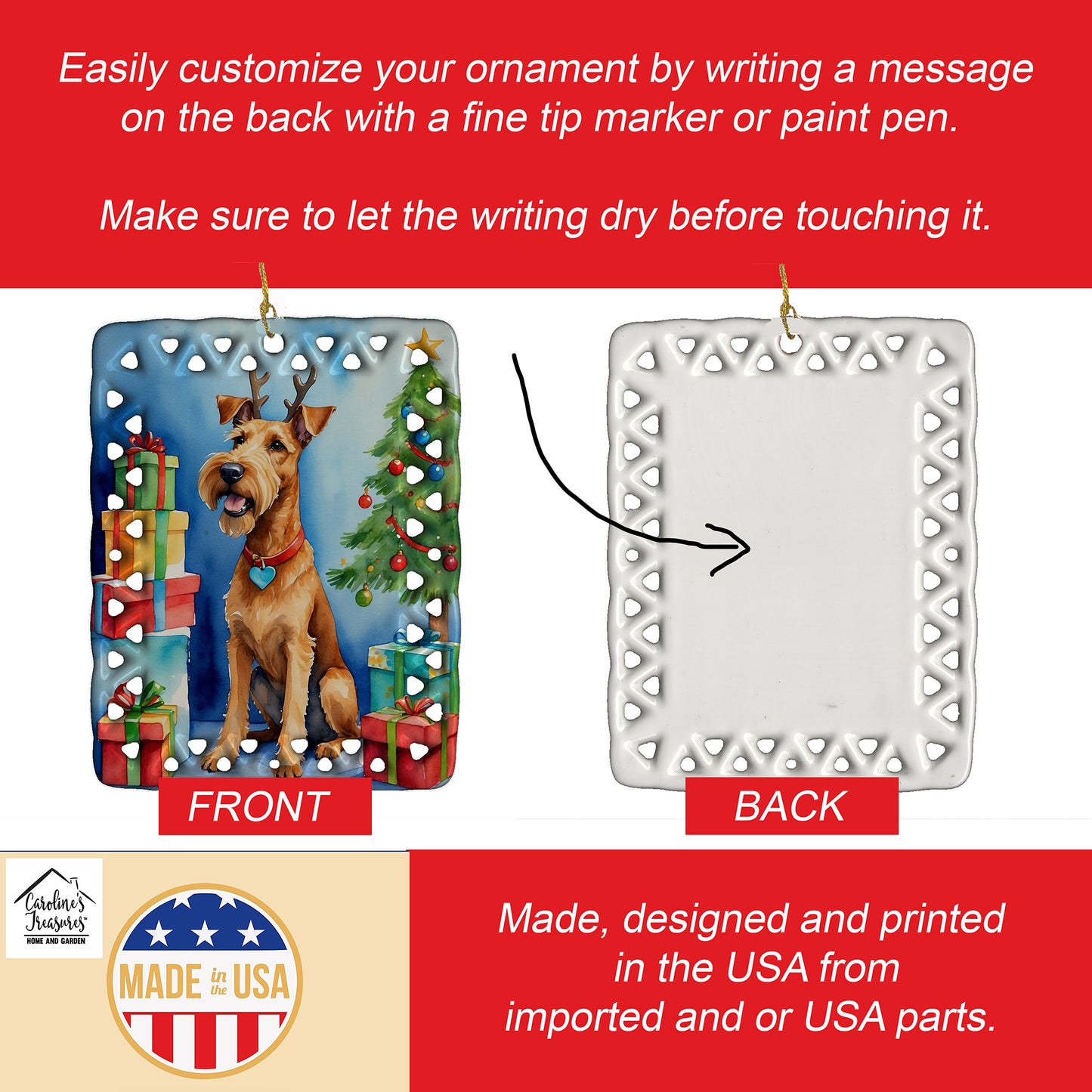 Irish Terrier Christmas Reindeer Porcelain Ornament