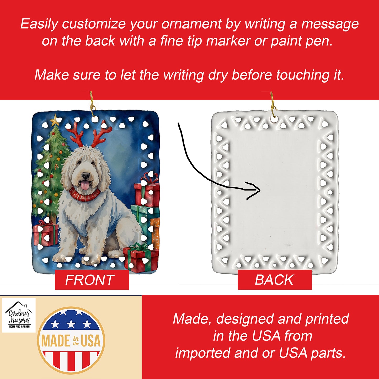 Komondor Christmas Reindeer Porcelain Ornament