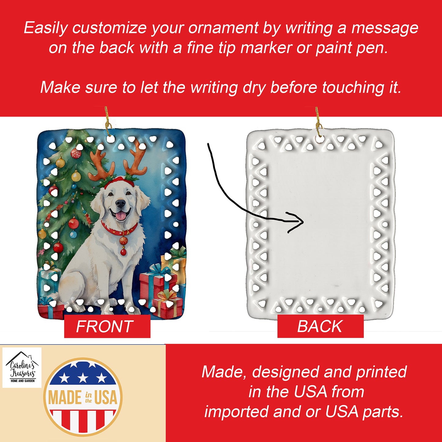 Kuvasz Christmas Reindeer Porcelain Ornament