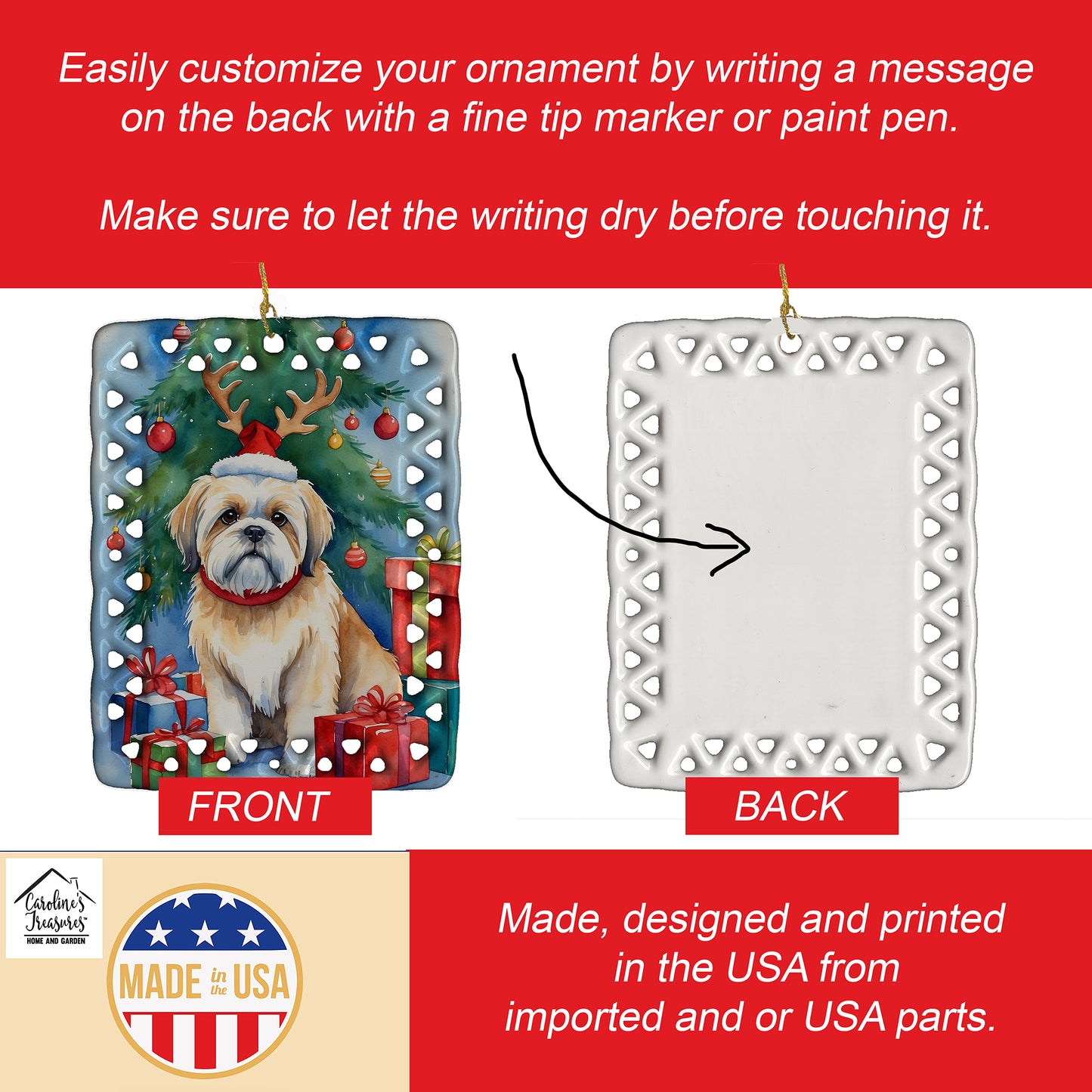 Lhasa Apso Christmas Reindeer Porcelain Ornament