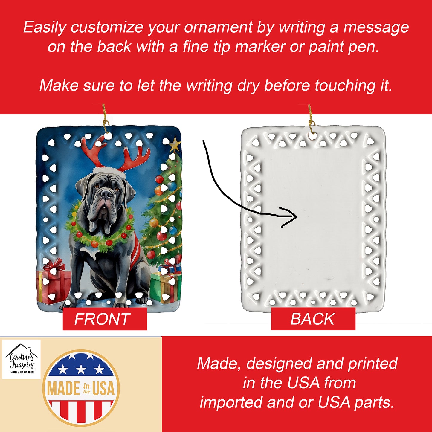 Neapolitan Mastiff Christmas Reindeer Porcelain Ornament