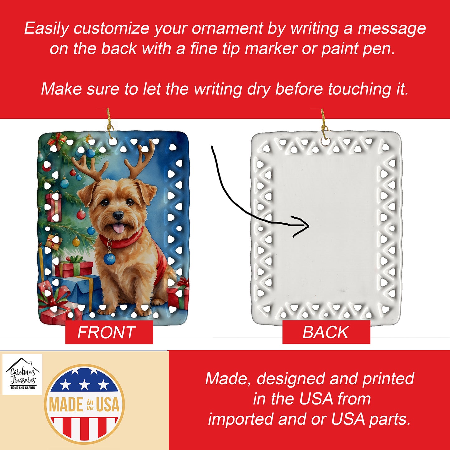 Norfolk Terrier Christmas Reindeer Porcelain Ornament