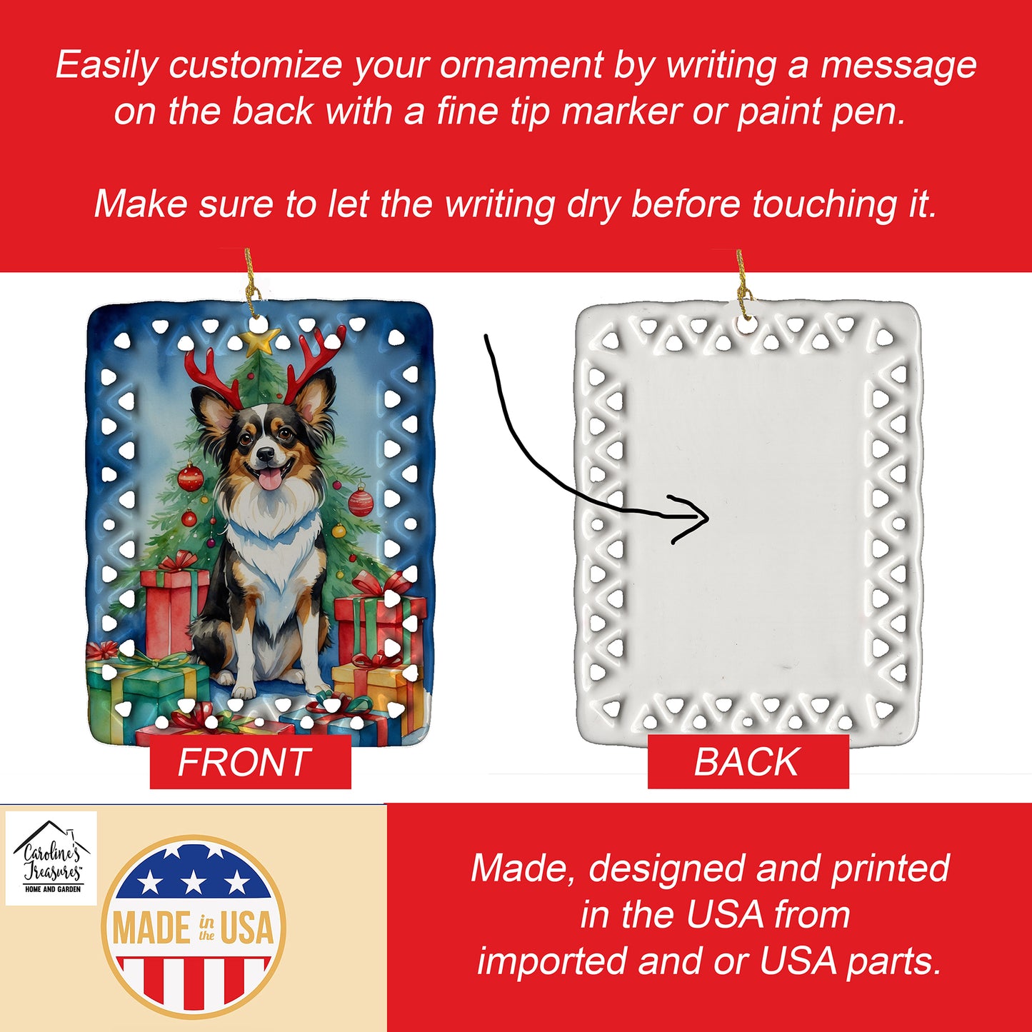 Papillon Christmas Reindeer Porcelain Ornament