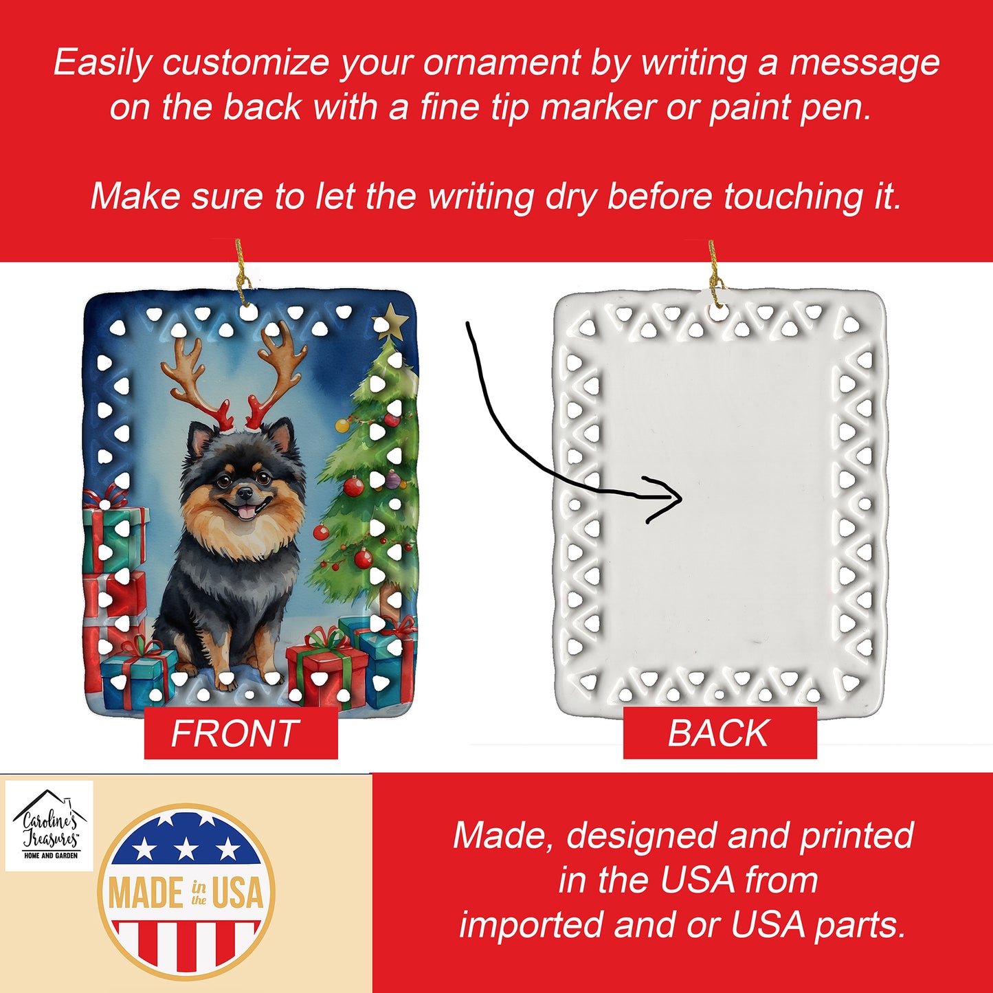 Pomeranian Christmas Reindeer Porcelain Ornament