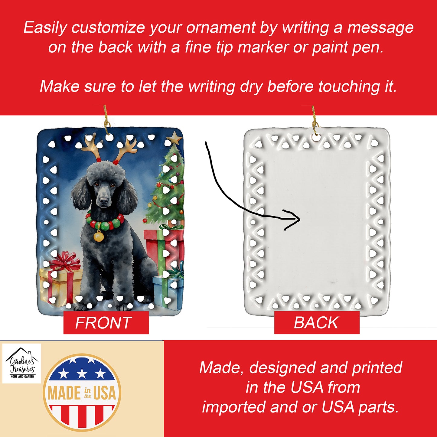 Black Standard Poodle Christmas Reindeer Porcelain Ornament