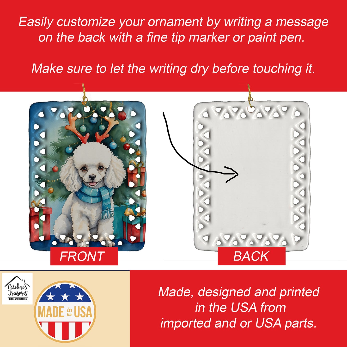 White Toy Poodle Christmas Reindeer Porcelain Ornament