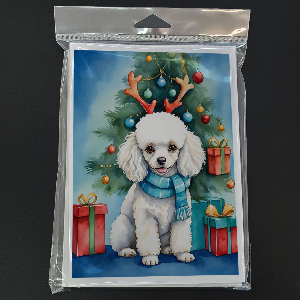 White Toy Poodle Christmas Reindeer Greeting Cards Pack of 8
