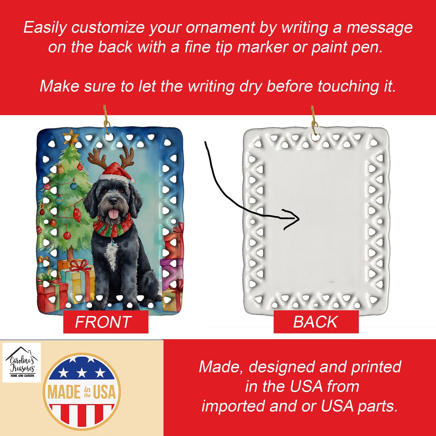 Portuguese Water Dog Christmas Reindeer Porcelain Ornament