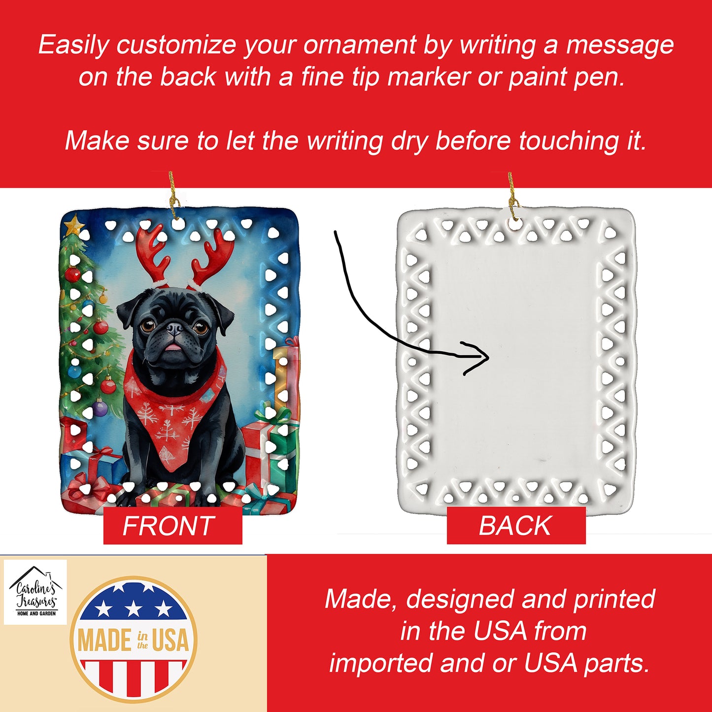 Black Pug Christmas Reindeer Porcelain Ornament