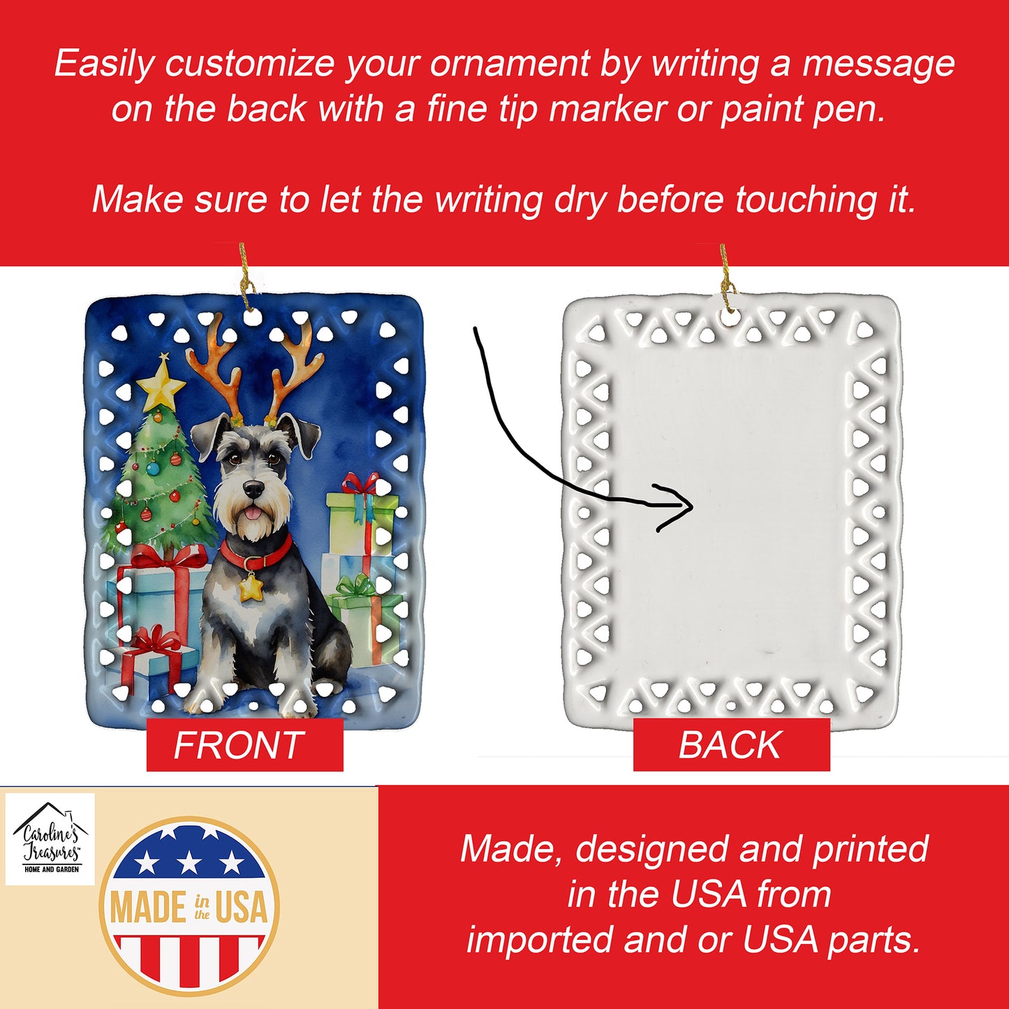 Schnauzer Christmas Reindeer Porcelain Ornament