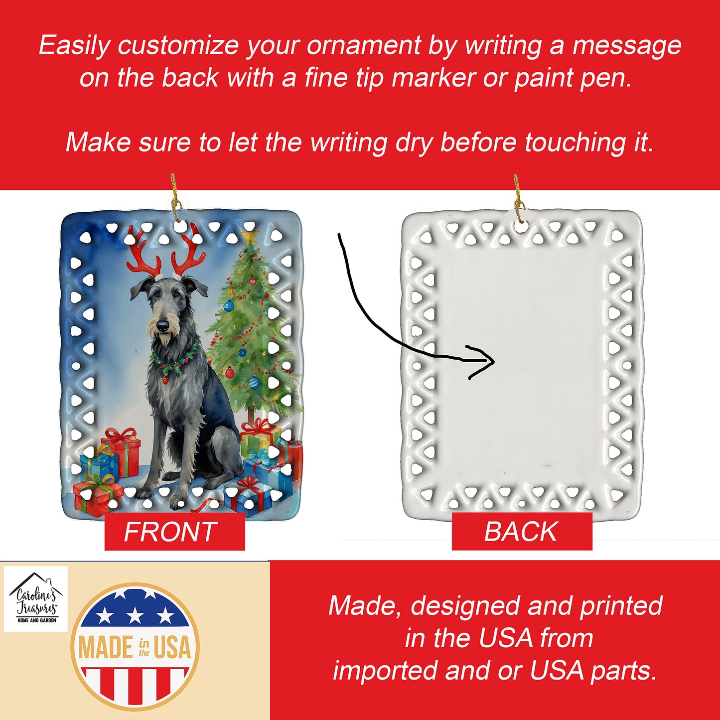 Scottish Deerhound Christmas Reindeer Porcelain Ornament