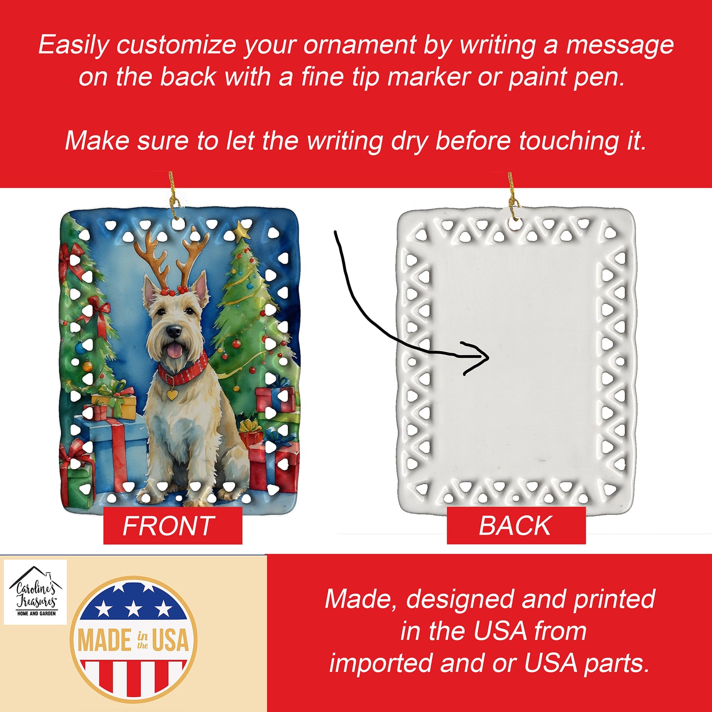 Scottish Terrier Christmas Reindeer Porcelain Ornament