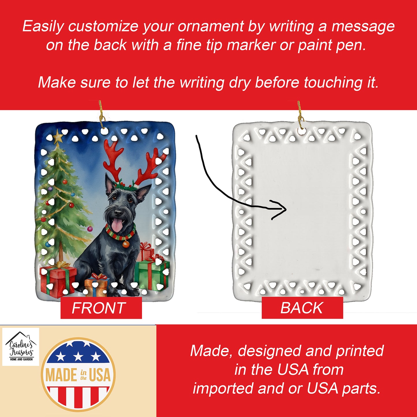 Scottish Terrier Christmas Reindeer Porcelain Ornament