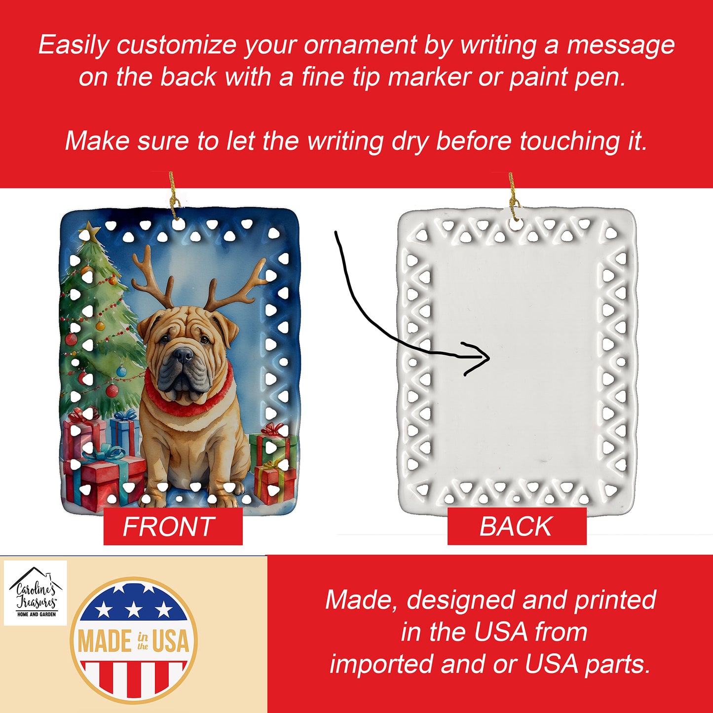 Shar Pei Christmas Reindeer Porcelain Ornament