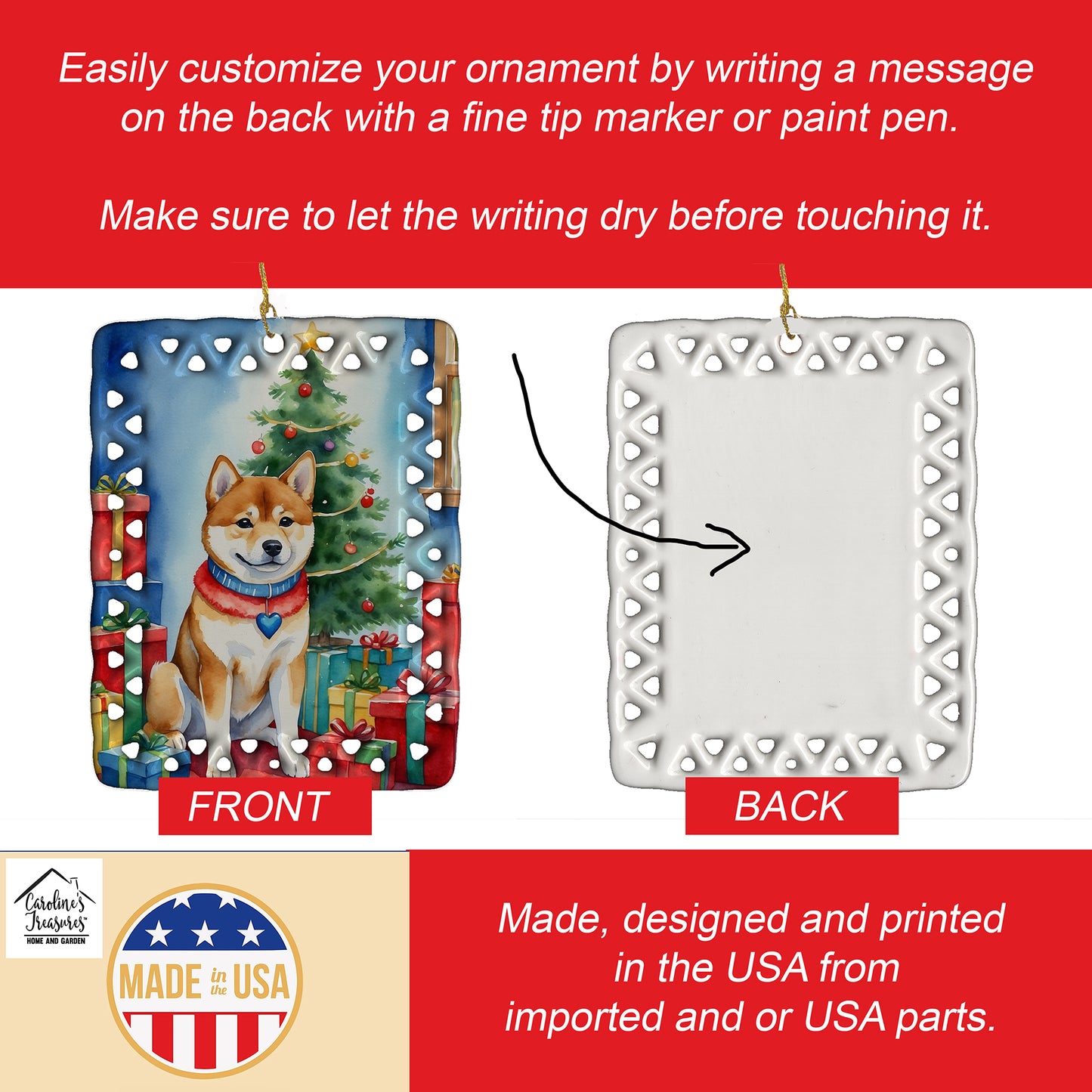 Shiba Inu Christmas Reindeer Porcelain Ornament