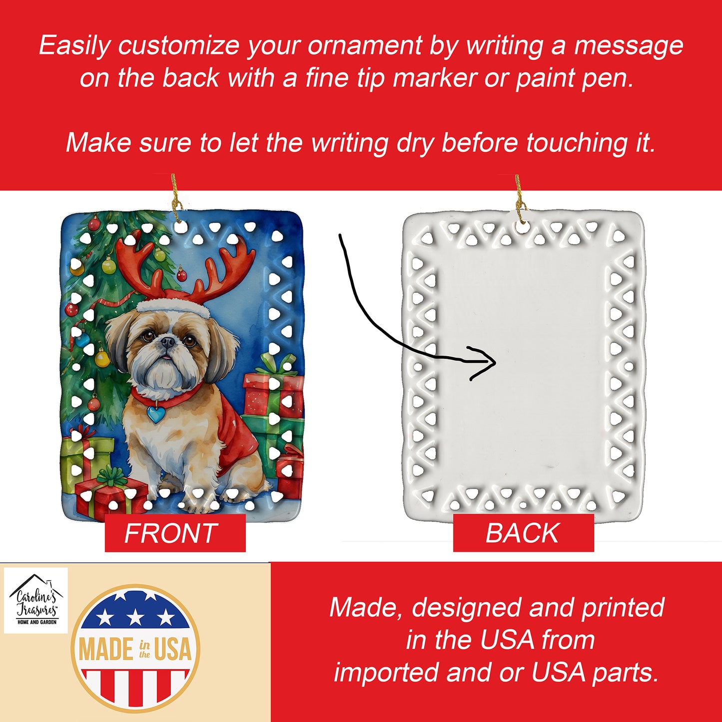 Shih Tzu Christmas Reindeer Porcelain Ornament