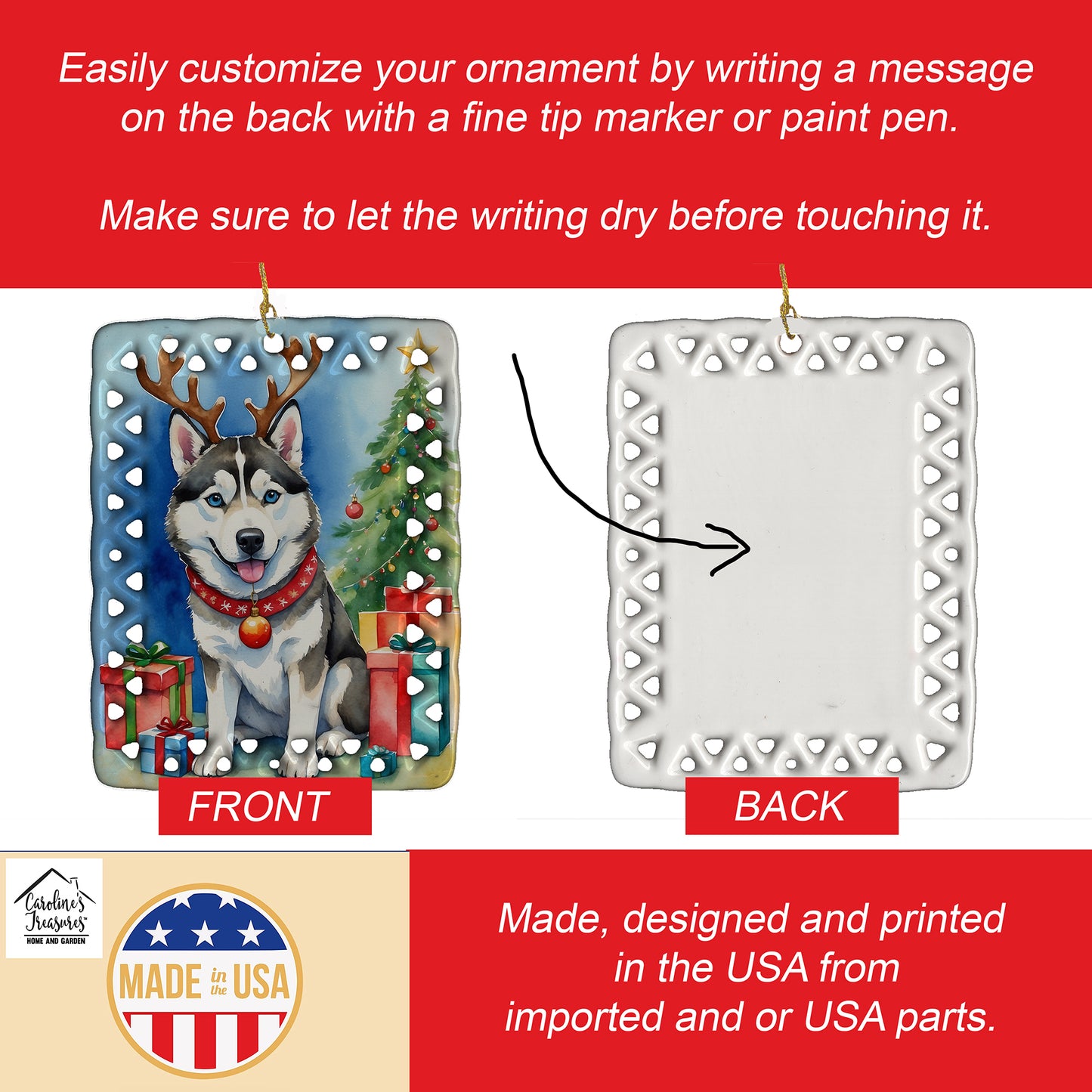 Siberian Husky Christmas Reindeer Porcelain Ornament