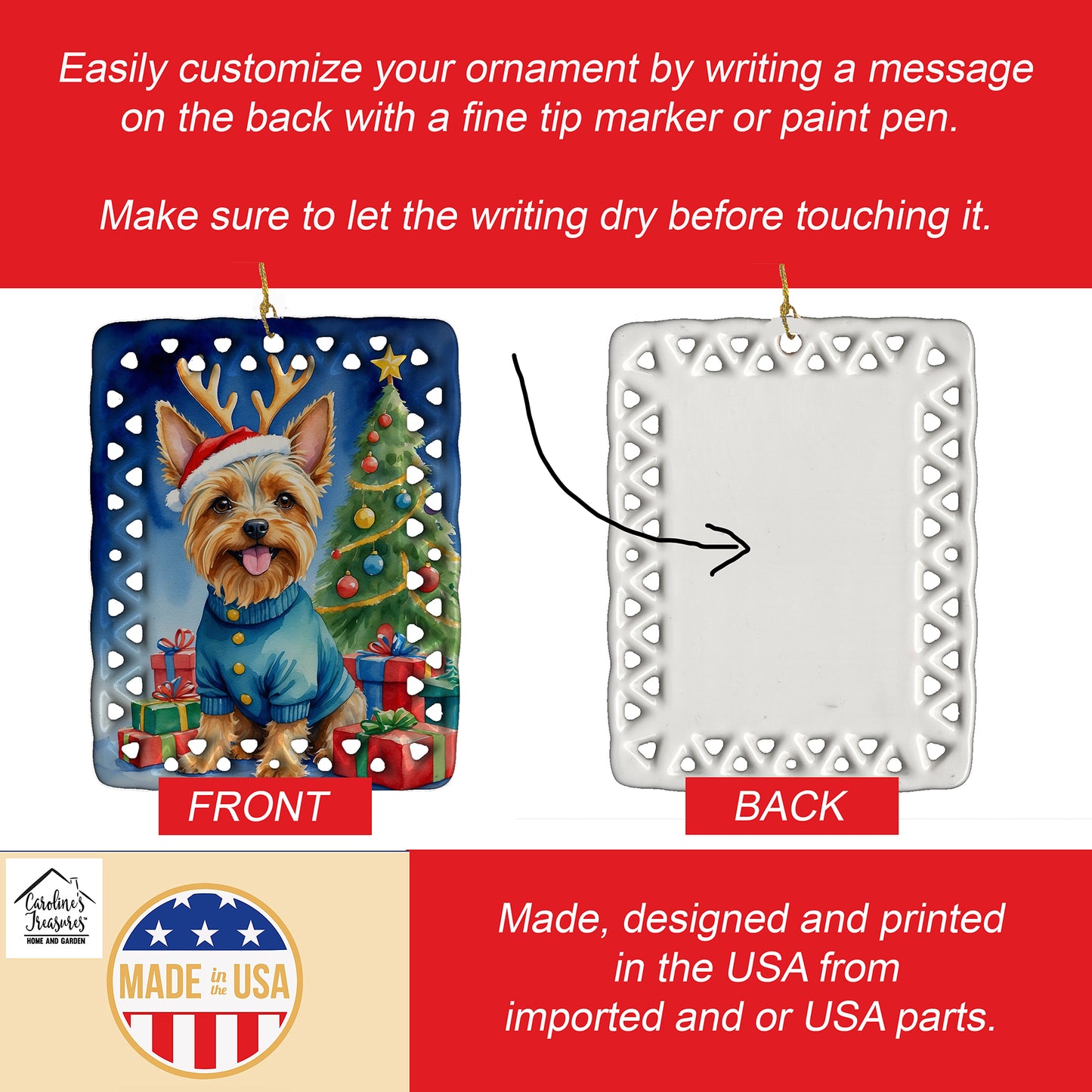 Silky Terrier Christmas Reindeer Porcelain Ornament