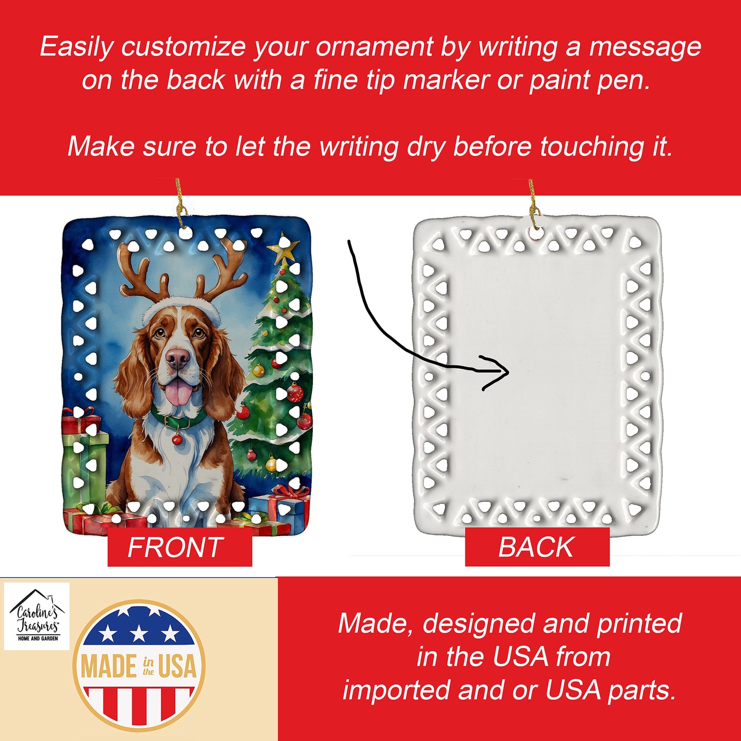 Welsh Springer Spaniel Christmas Reindeer Porcelain Ornament