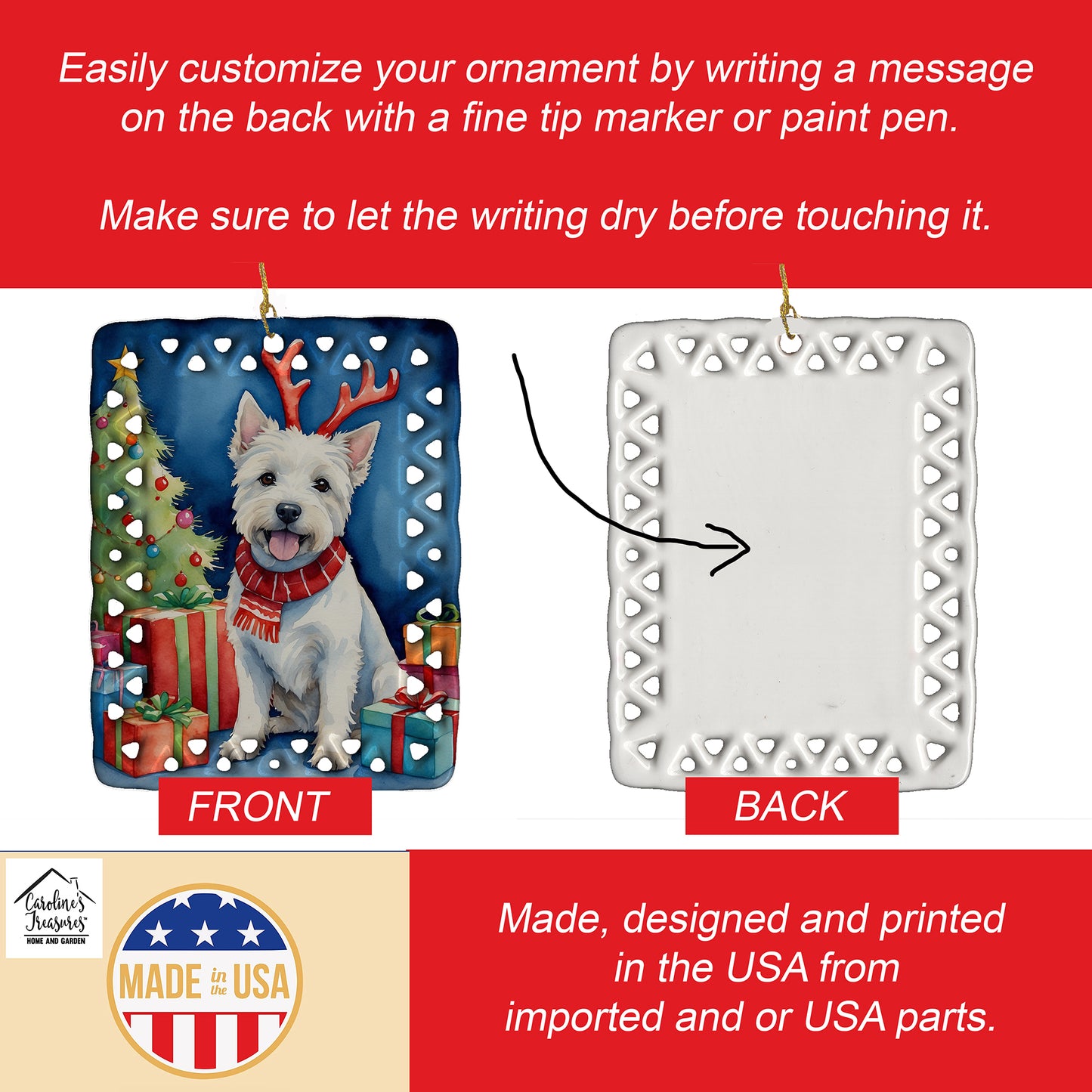 Westie Christmas Reindeer Porcelain Ornament