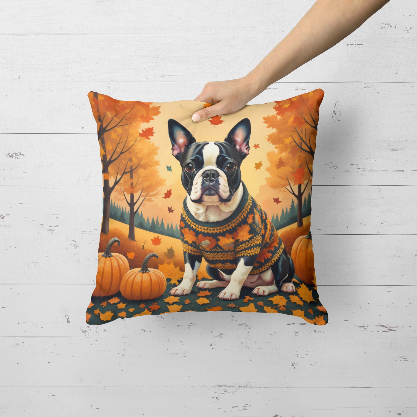 Boston Terrier Fall Throw Pillow