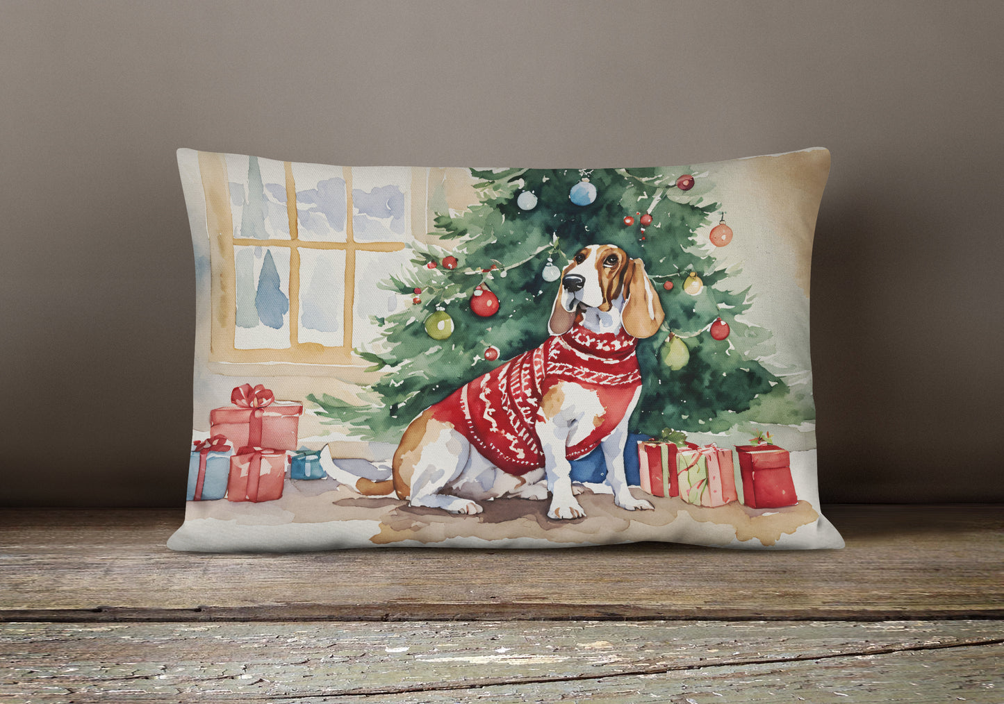 Basset Hound Christmas Throw Pillow