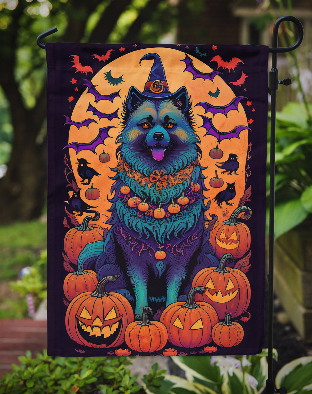 Keeshond Witchy Halloween Garden Flag