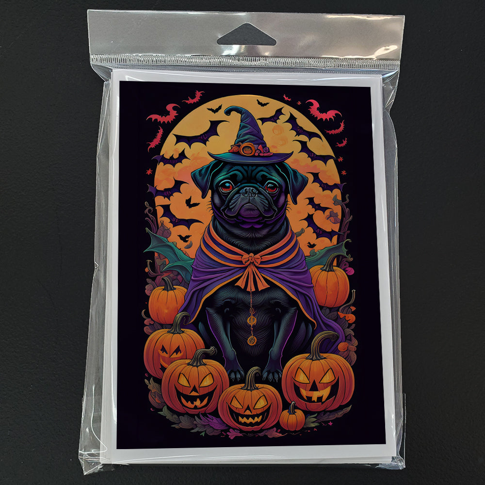 Black Pug Witchy Halloween Greeting Cards and Envelopes Pack of 8