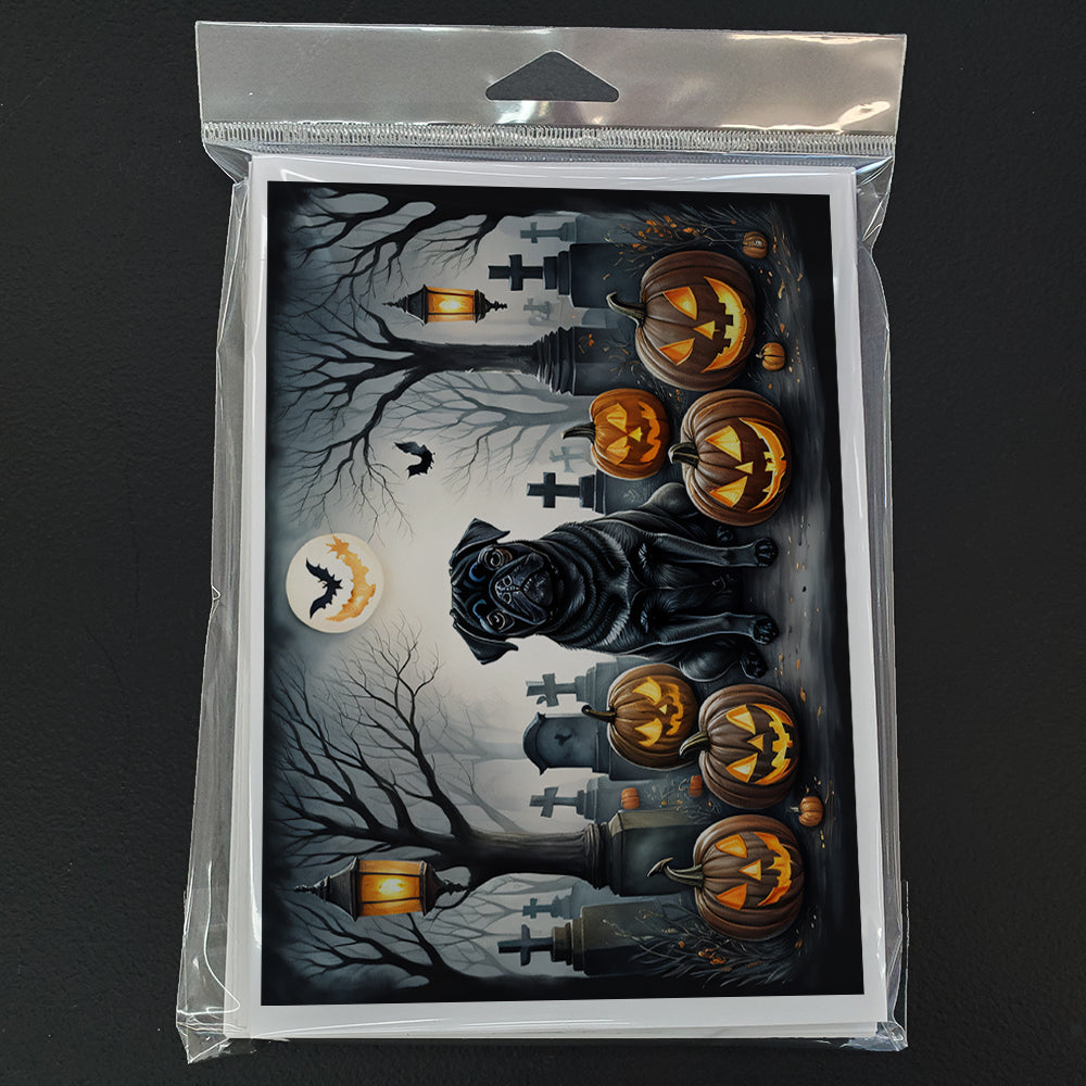Black Pug Spooky Halloween Greeting Cards and Envelopes Pack of 8
