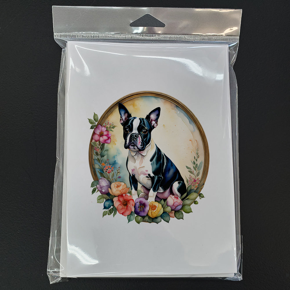Boston Terrier and Flowers Greeting Cards and Envelopes Pack of 8