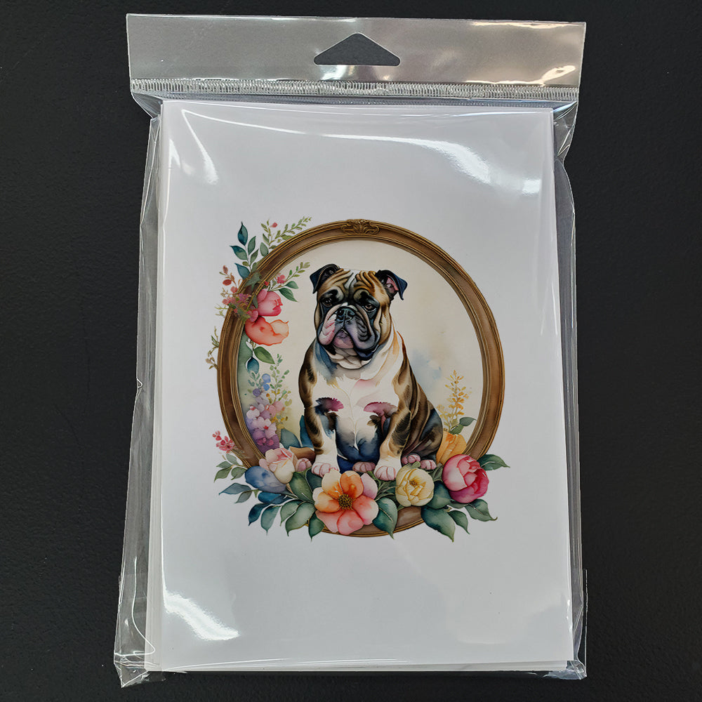 English Bulldog and Flowers Greeting Cards and Envelopes Pack of 8