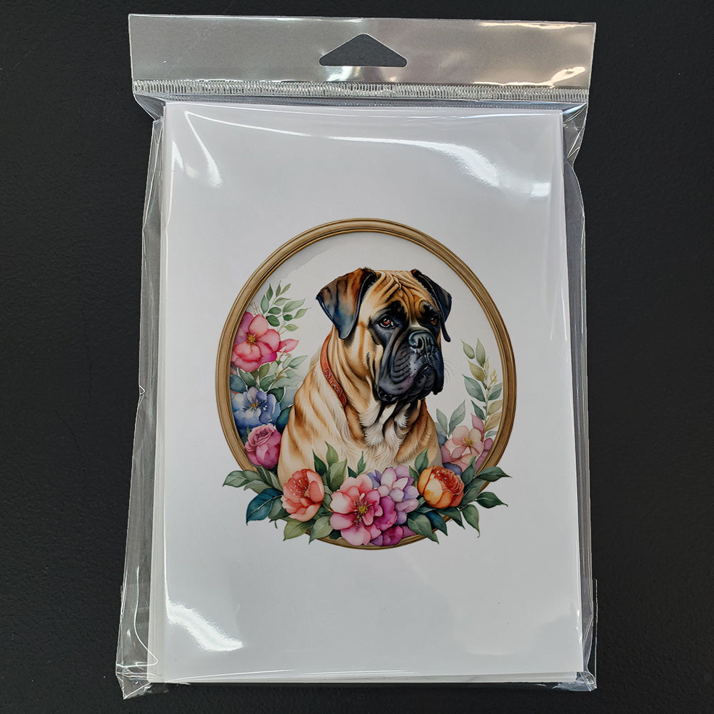 Bullmastiff and Flowers Greeting Cards and Envelopes Pack of 8