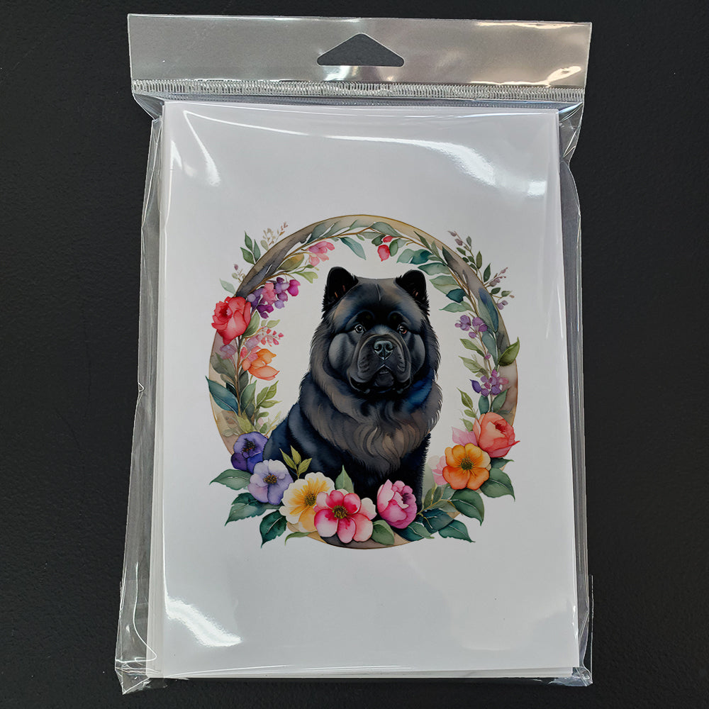 Black Chow Chow and Flowers Greeting Cards and Envelopes Pack of 8