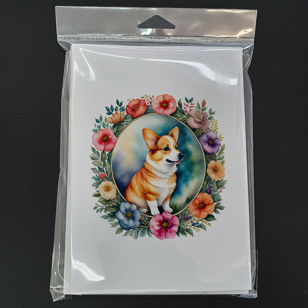Corgi and Flowers Greeting Cards and Envelopes Pack of 8