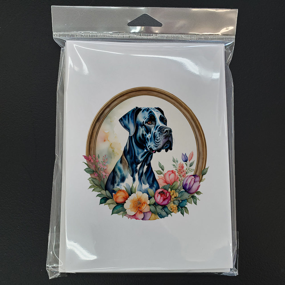 Great Dane and Flowers Greeting Cards and Envelopes Pack of 8